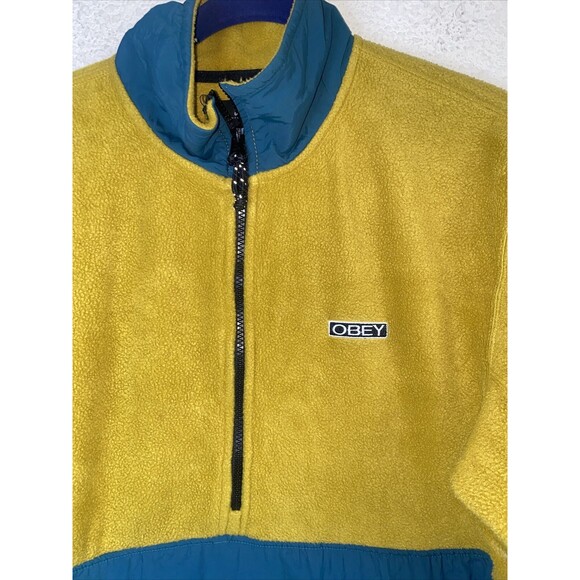 OBEY Men GALLAGHER Fleece Sweater Jacket 3/4 Zip Pockets Bungee Waist Yellow S - Picture 3 of 12